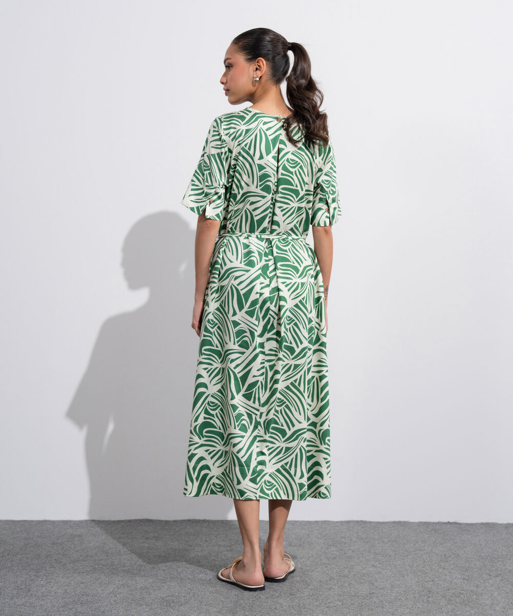 Women's Western Off White And  Green Linen Blend Printed Dress