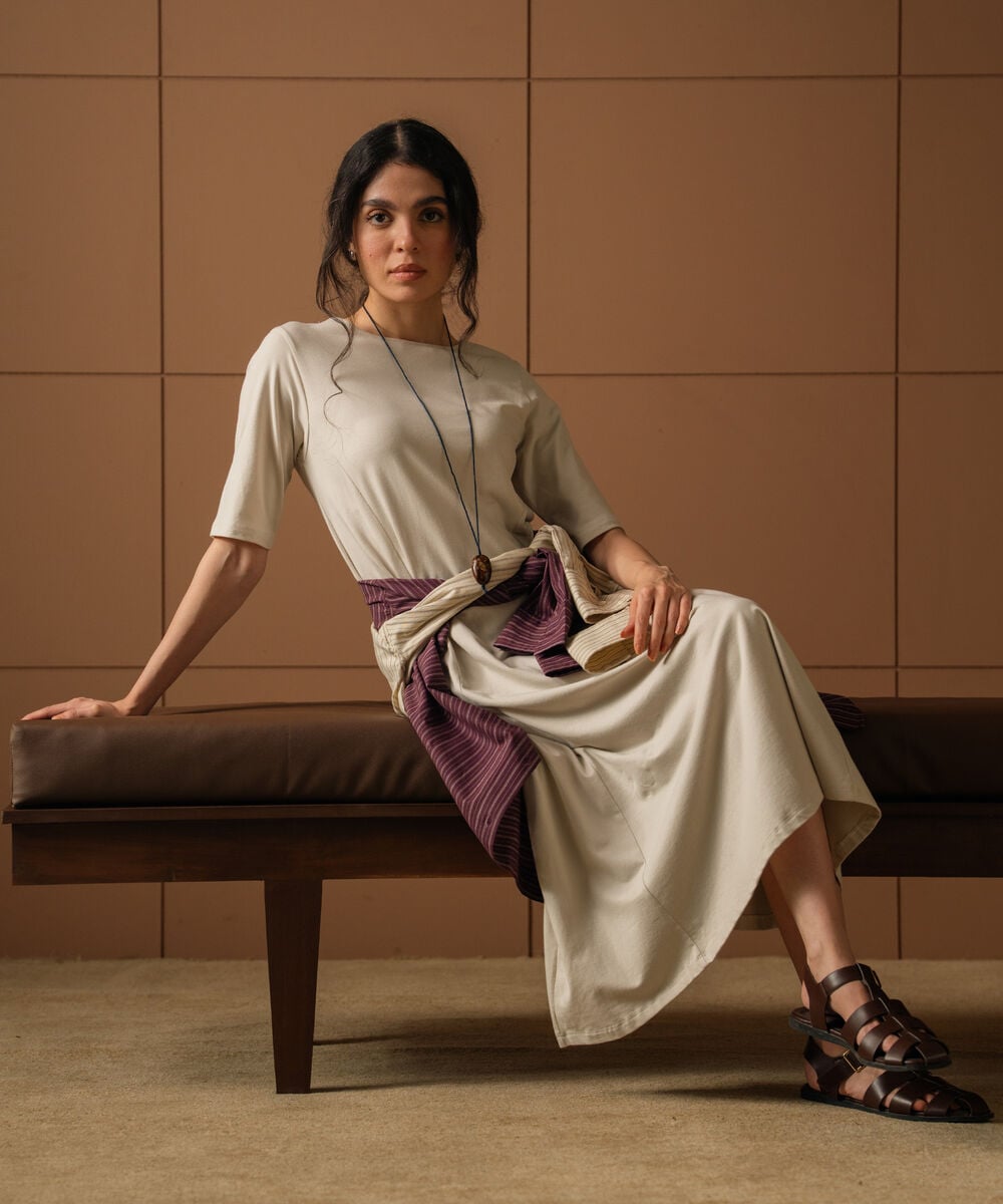 Women's Beige Flared Panelled Midi Dress