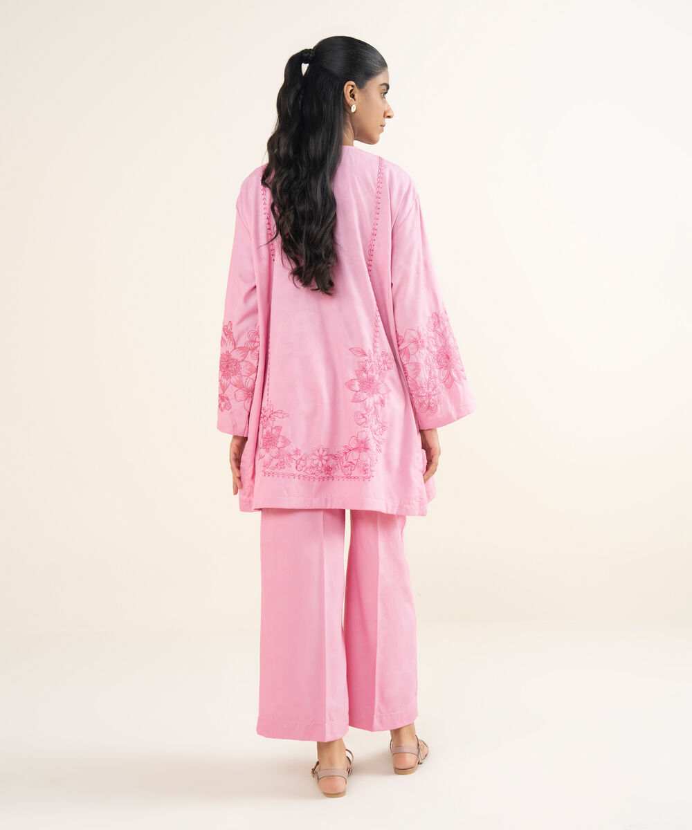 Women's RTW Self Jacquard Leno Embroidered Pink Drop Shoulder Shirt