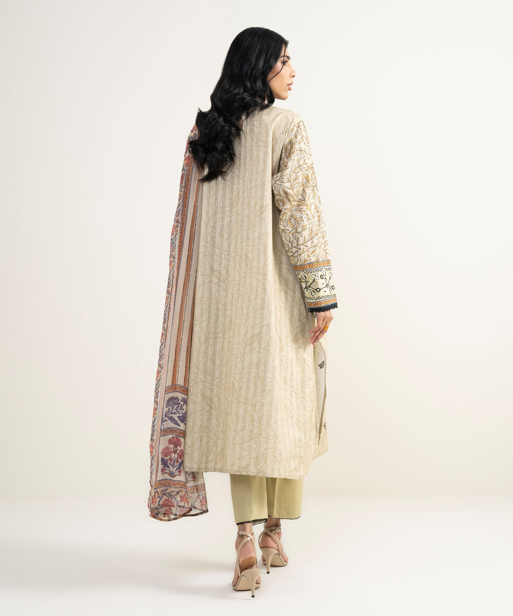 Women's RTW Cotton Embroidered Beige 3 Piece Suit
