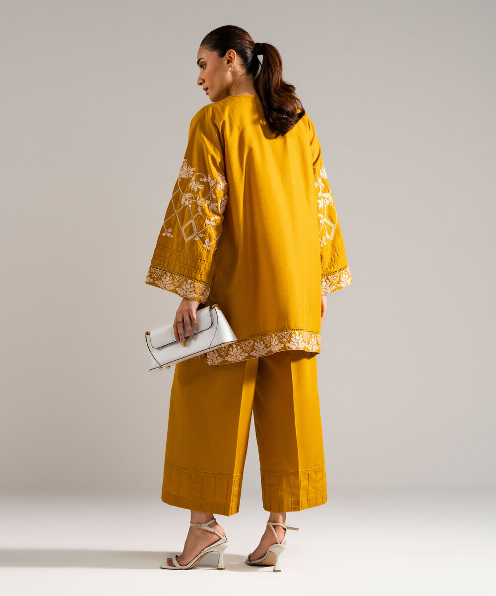Women's RTW Dobby Embroidered Mustard Yellow 2 Piece Suit