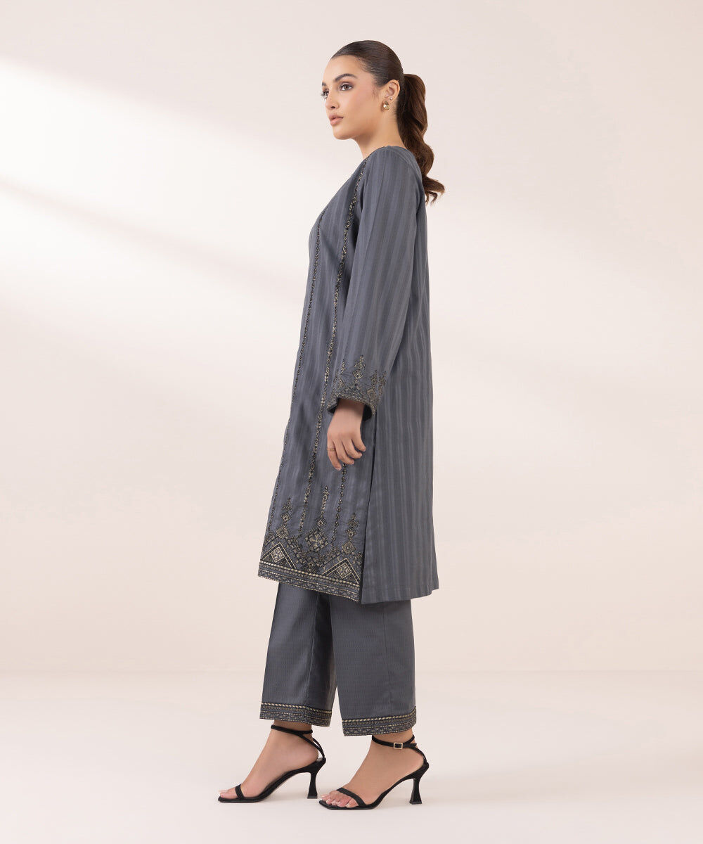 Women's Pret Dobby Grey Embroidered Straight Shirt