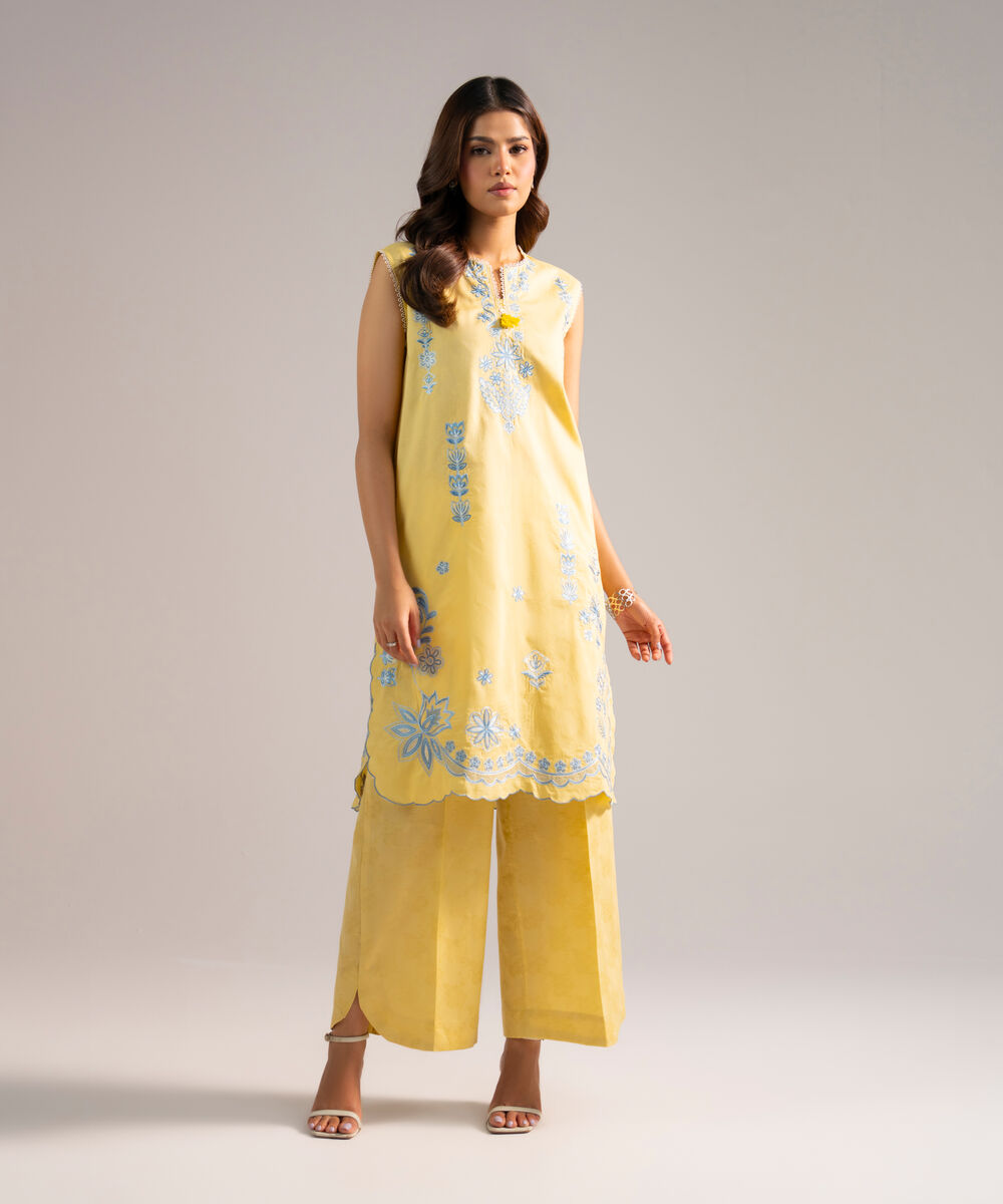 Women's RTW Self Jacquard Embroidered Yellow 2 Piece Suit