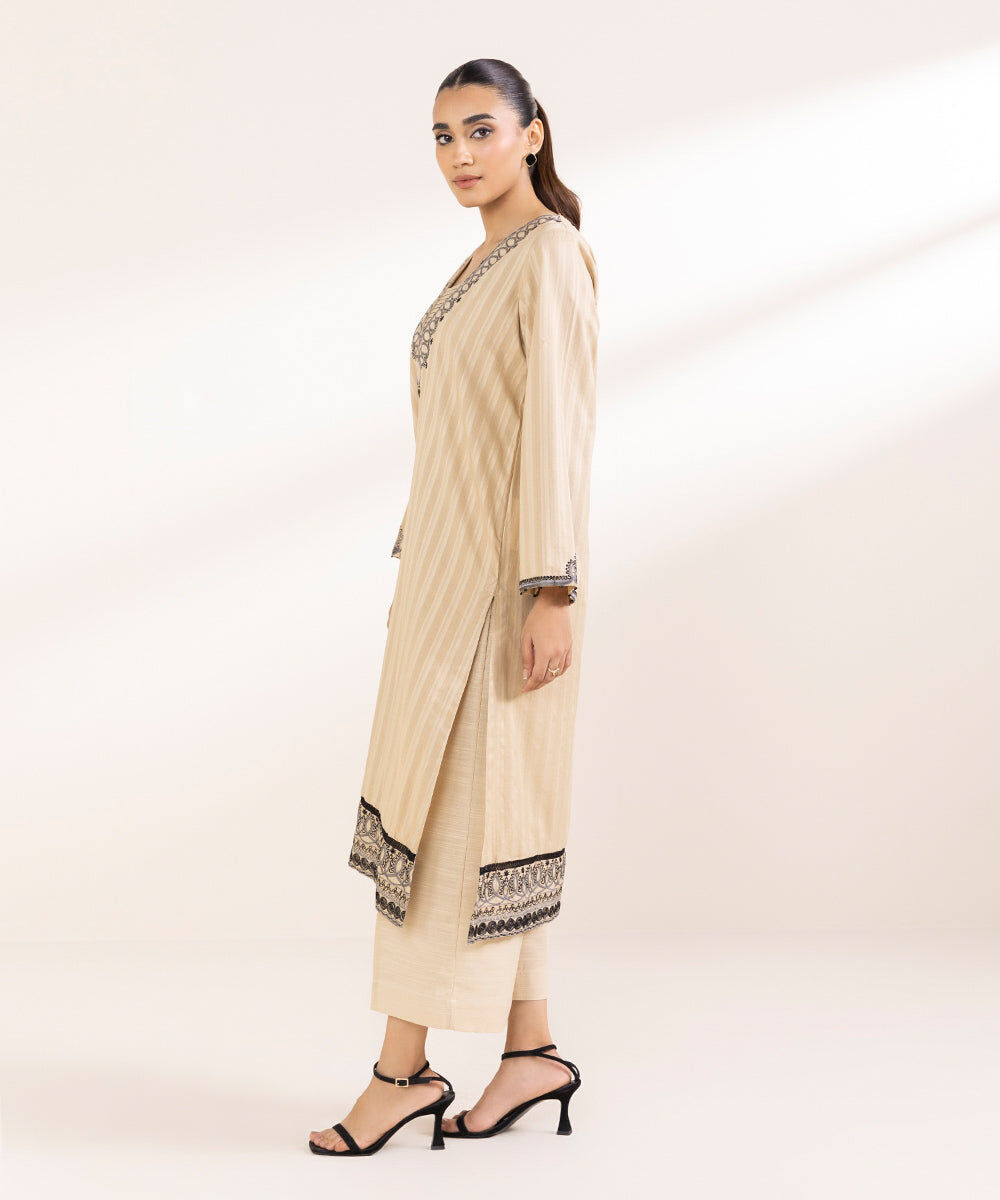 Women's Pret Dobby Beige Embroidered A-Line Shirt