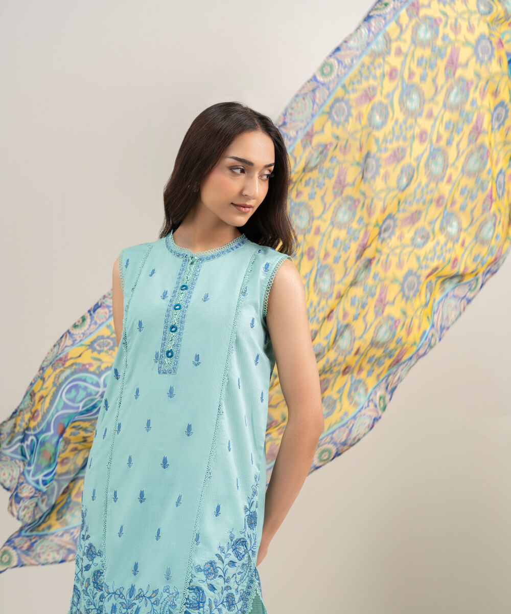 Women's RTW Dobby Embroidered Turquoise 3 Piece Suit