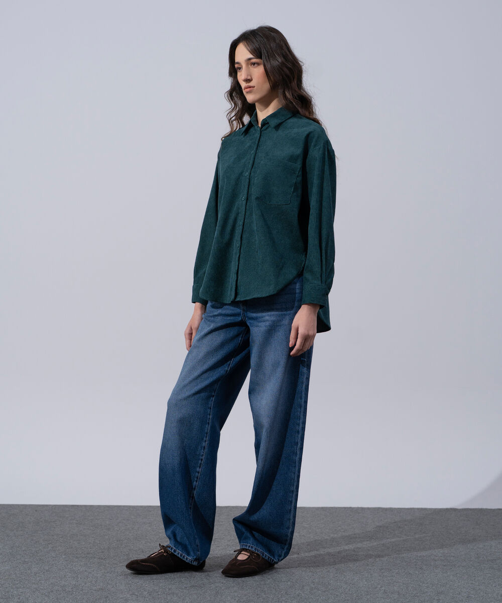 Women's Western Wear Teal Polyester Button Through Corduroy Shirt