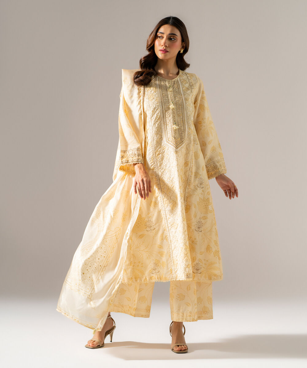 Women's RTW Blended tissue Printed Pale Yellow Dupatta