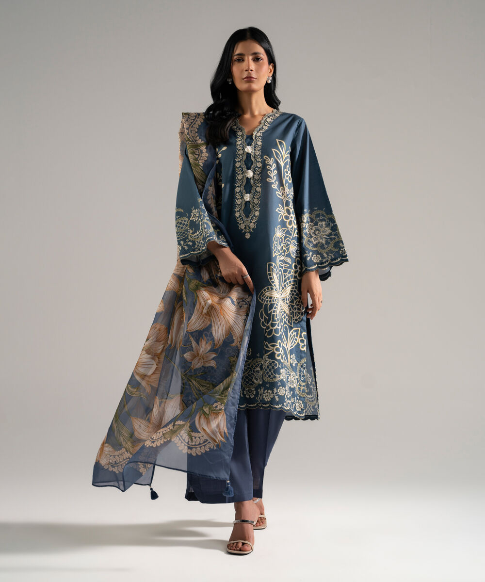 Women's RTW Slub Lawn Printed Blue 3 Piece Suit