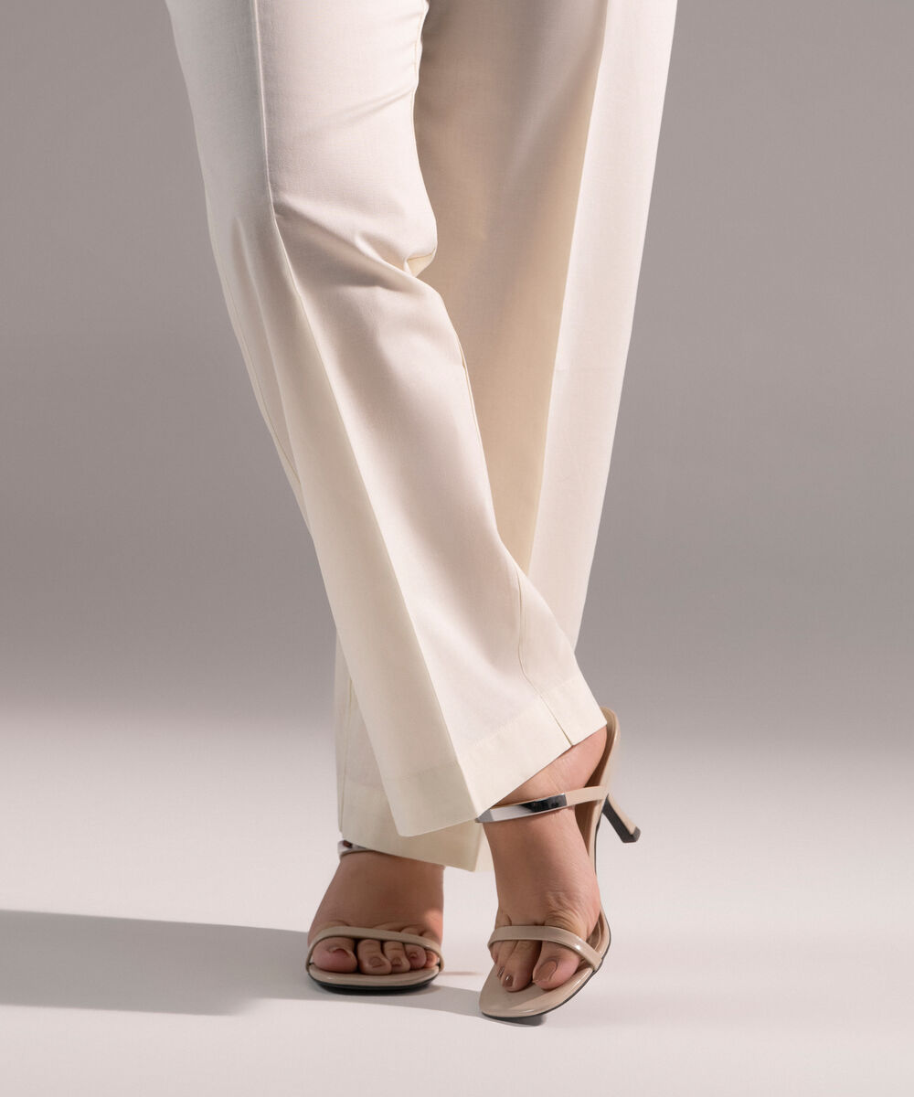 Women's RTW Cambric Solid Off White Straight Pants