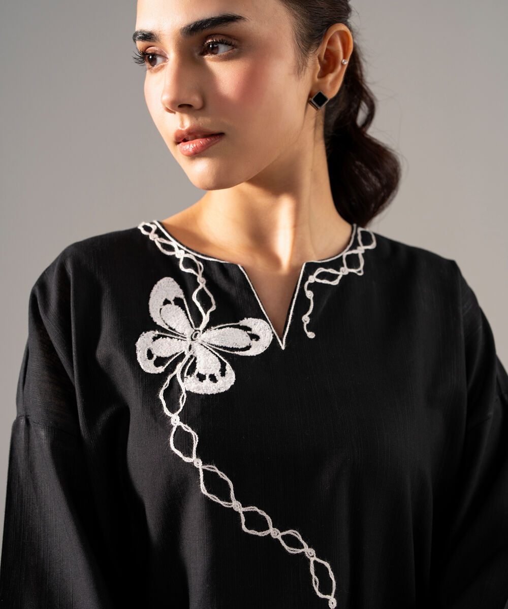 Women's RTW Khaddar Solid Embroidered Black Drop Shoulder Shirt
