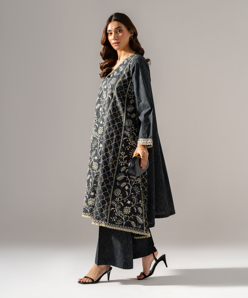 Women's RTW khaddar Printed Embroidered Black 2 Piece Suit