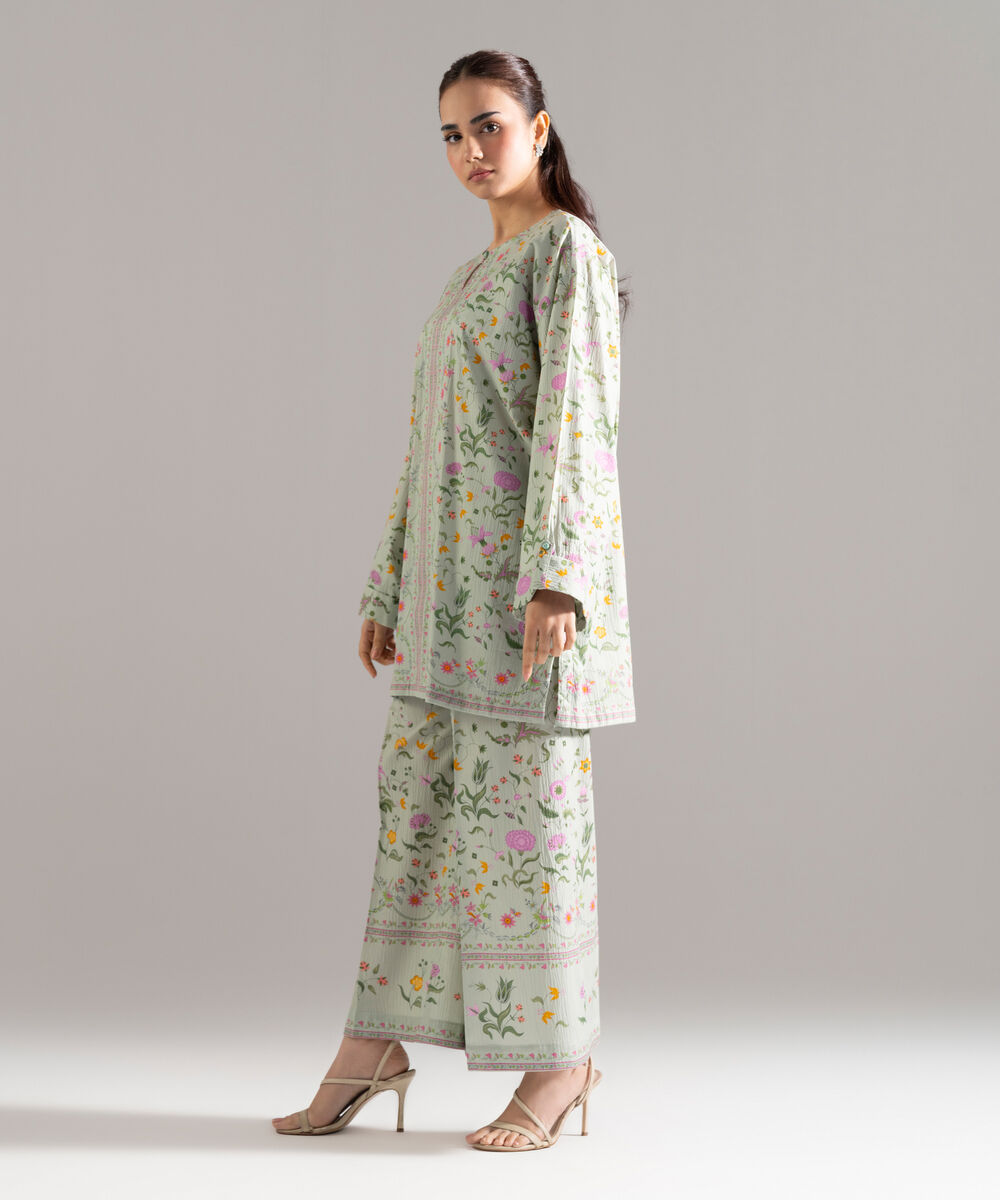 Women's RTW Seersucker Printed Green 2 Piece Suit
