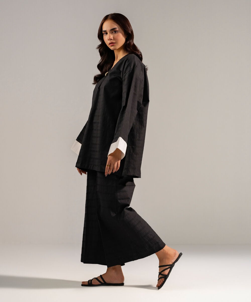 Women's RTW Seersucker Solid Black 2 Piece Suit