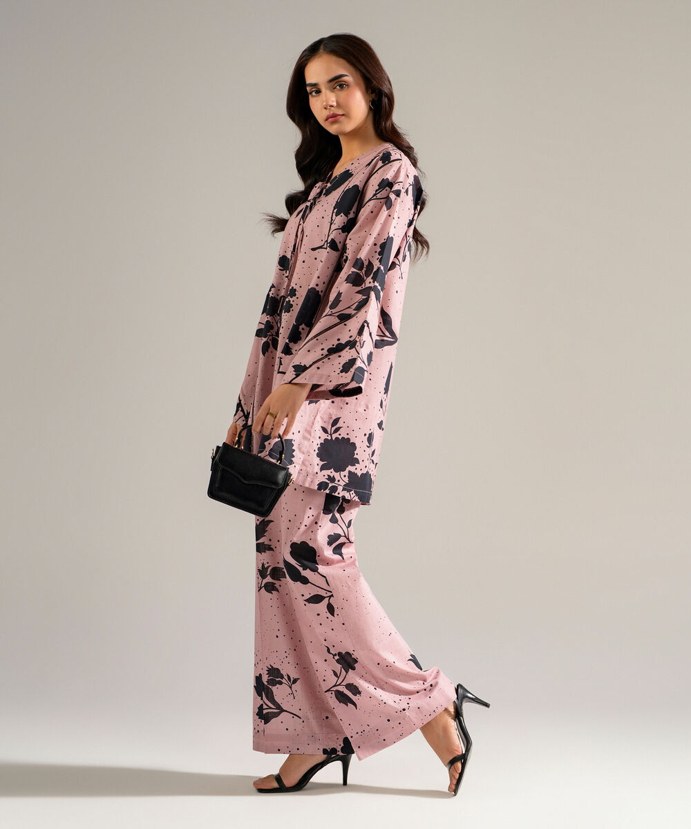 Women's RTW Slub Lawn Printed Light Mauve Drop Shoulder Shirt