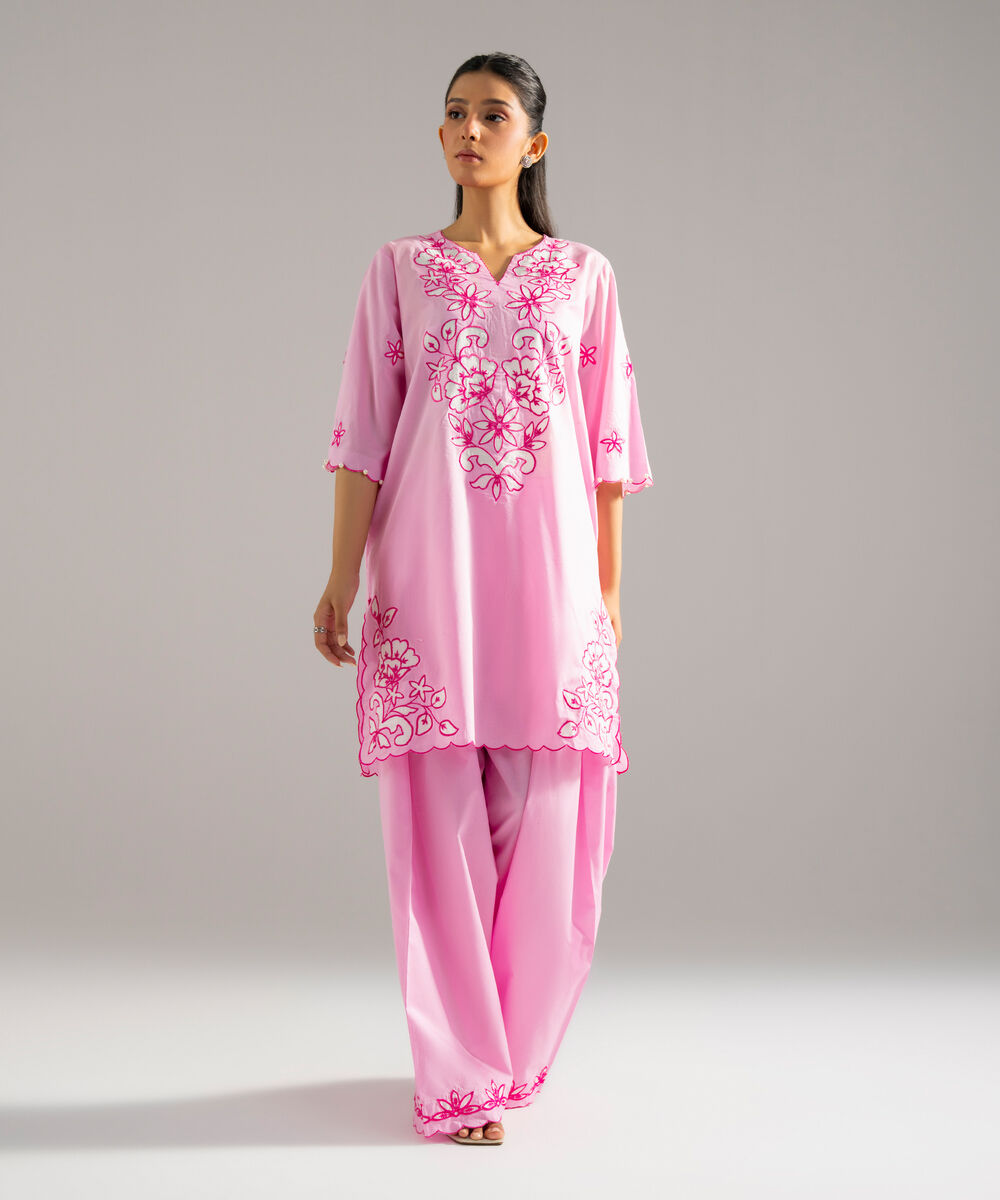Women's RTW Lawn Solid Embroidered Pink 2 Piece Suit