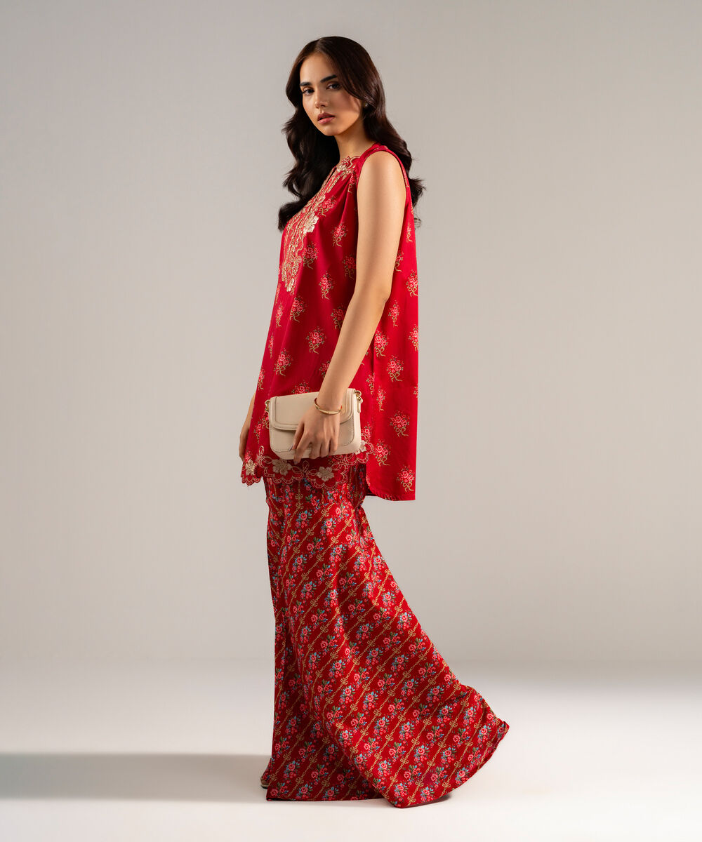 Women's RTW Lawn Embroidered Maroon Straight Shirt
