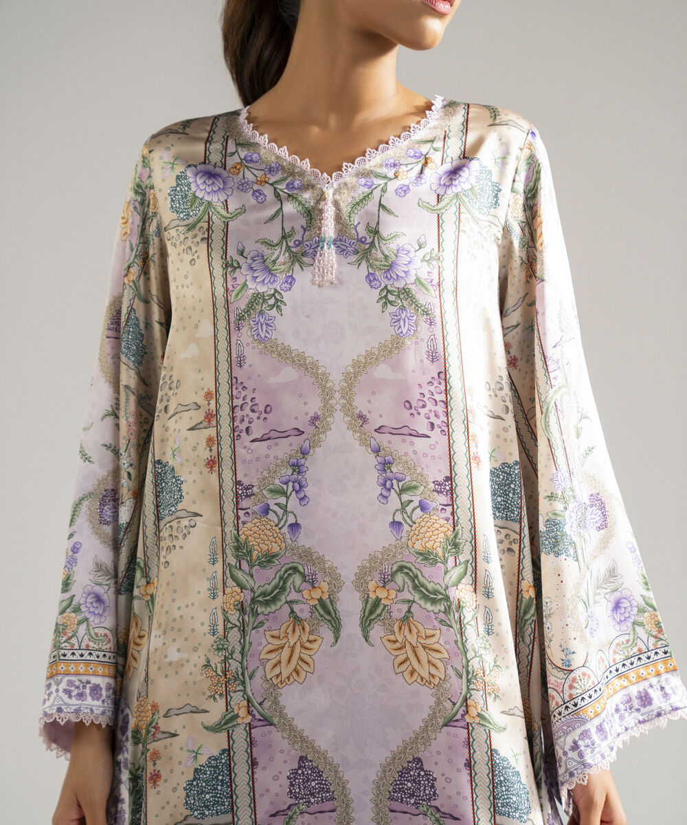 Women's RTW Blended Satin Printed Lilac 3 Piece Suit