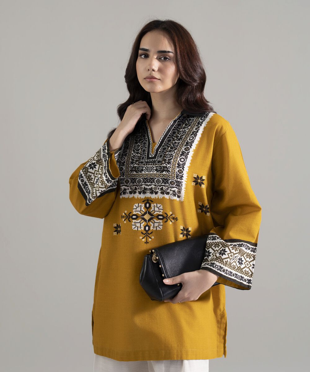 Women's RTW Khaddar Printed Mustard Brown Straight Shirt