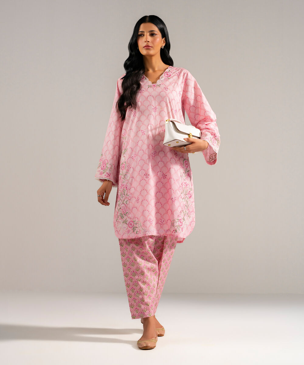 Women's RTW Lawn Embroidered Pink Straight Shirt