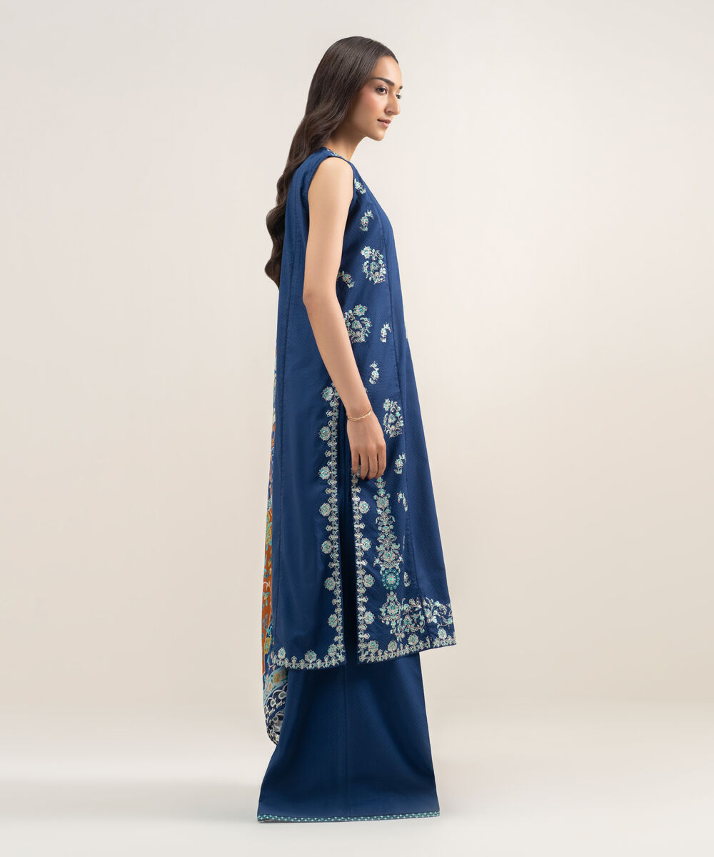 Women's RTW Dobby Embroidered Dark Blue 3 Piece Suit