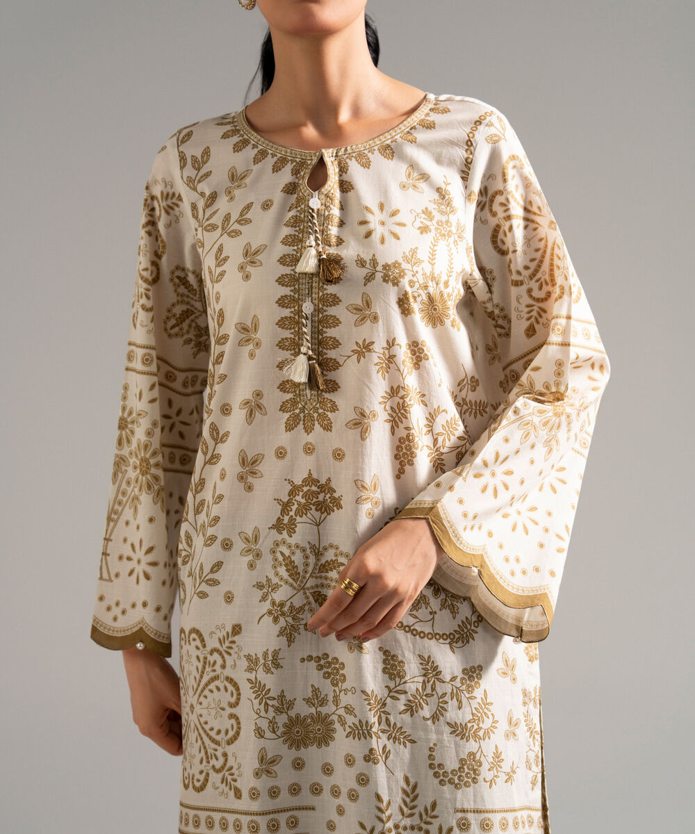 Women's RTW Slub Lawn Printed Off White 3 Piece Suit