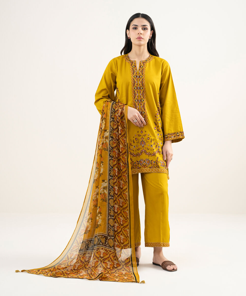 Women's RTW Dobby Embroidered Mustard Straight Shirt