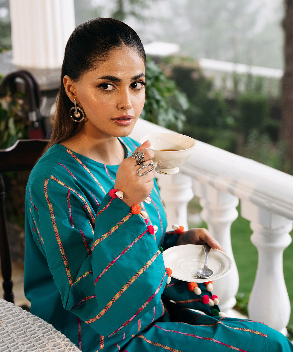 Women's Pret Cambric Embroidered Teal Boxy Shirt