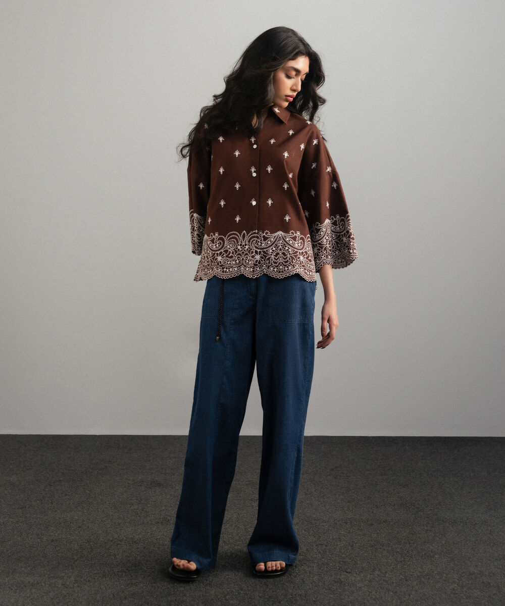 Women's Western Brown Embroidered V-Neck Top