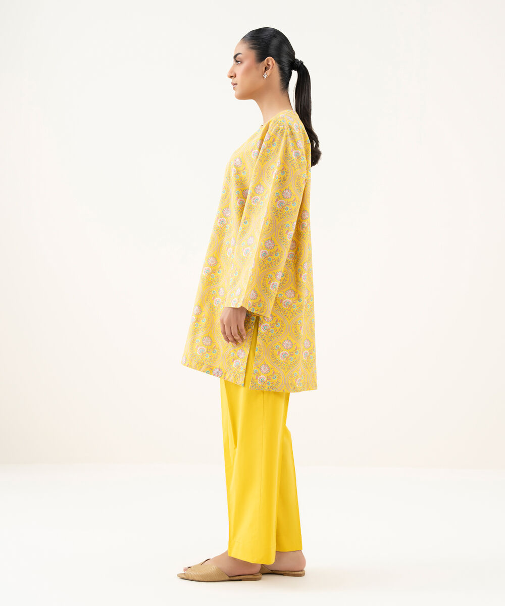 Women's RTW Cambric Printed Yellow Drop Shoulder Shirt