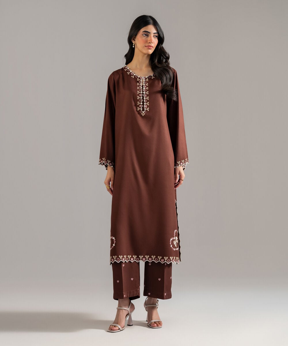 Women's RTW Bedford Solid Embroidered Brown Straight Shirt