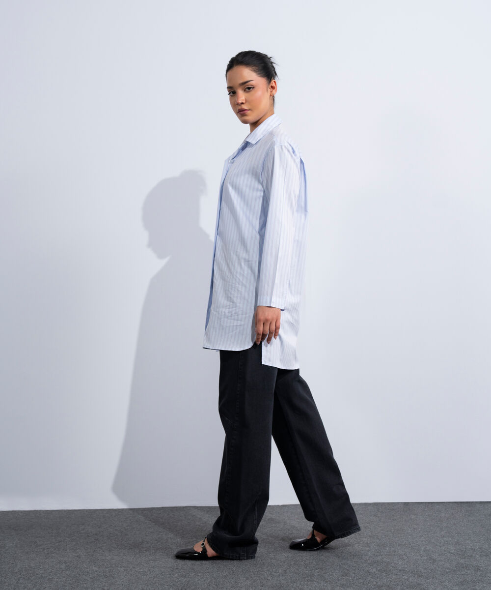 Women's Western Blue Yarn-Dyed Long Shirt
