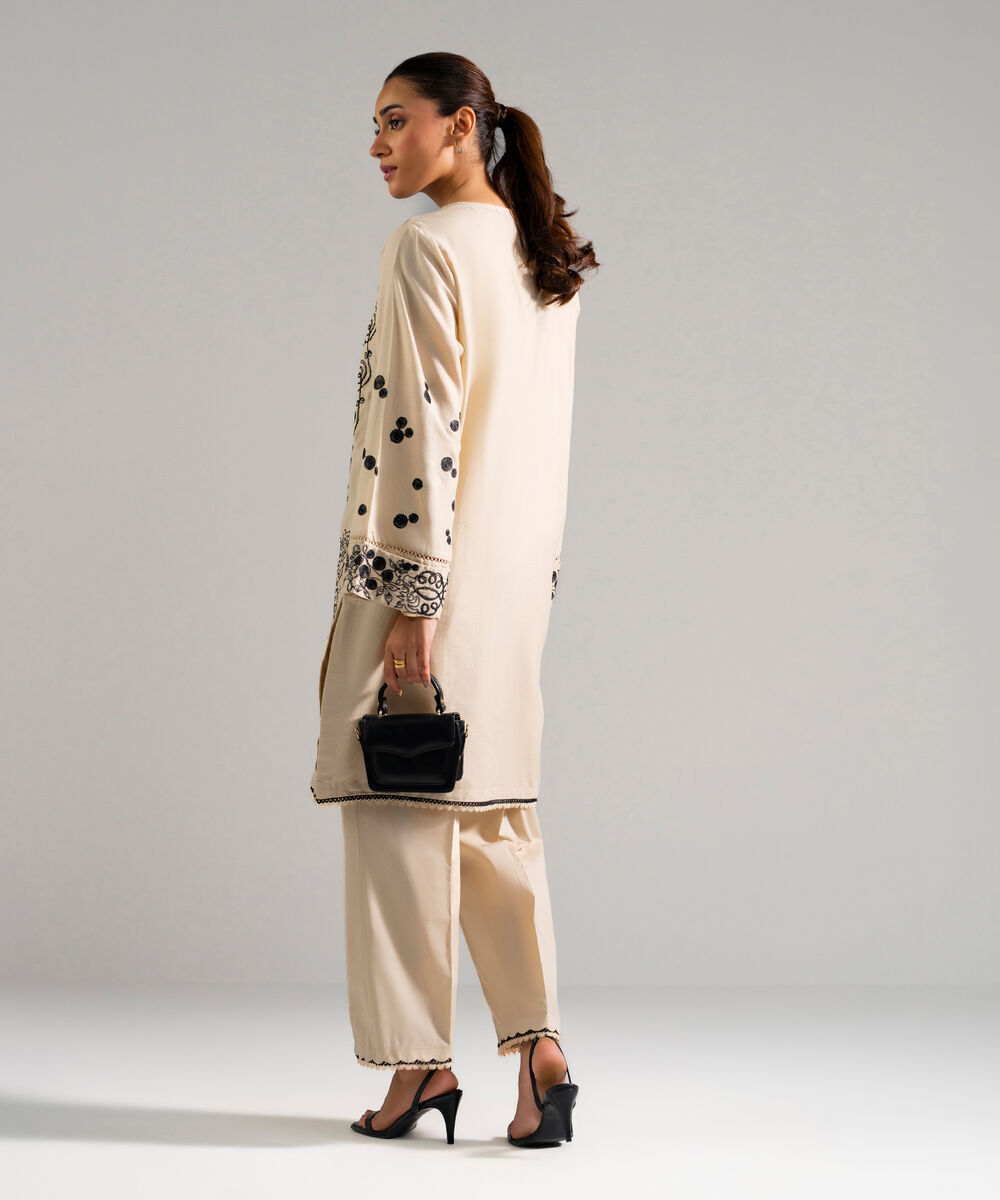 Women's RTW Dobby Embroidered Beige 2 Piece Suit