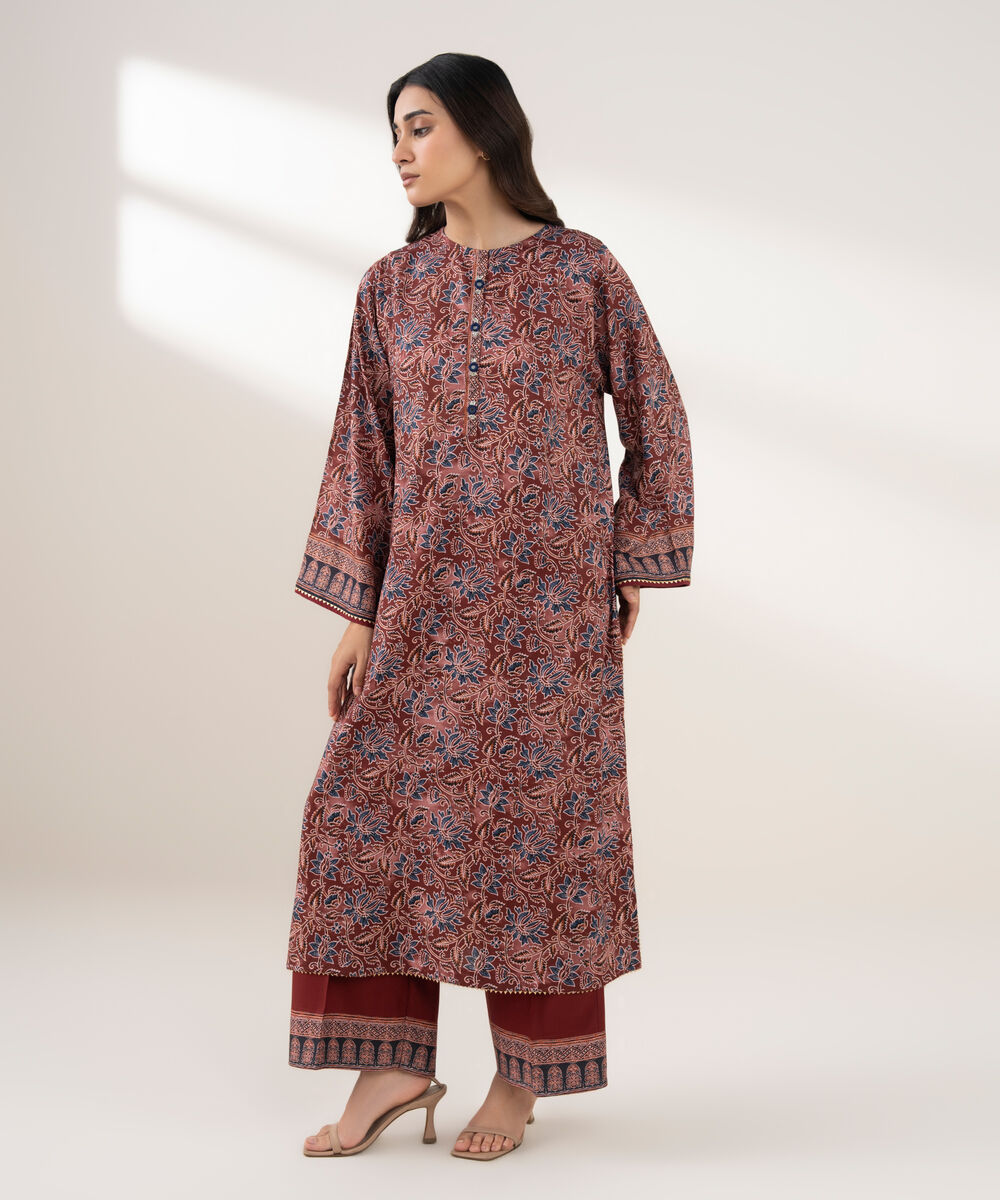 Women's RTW Viscose Linen Printed Straight Maroon Shirt