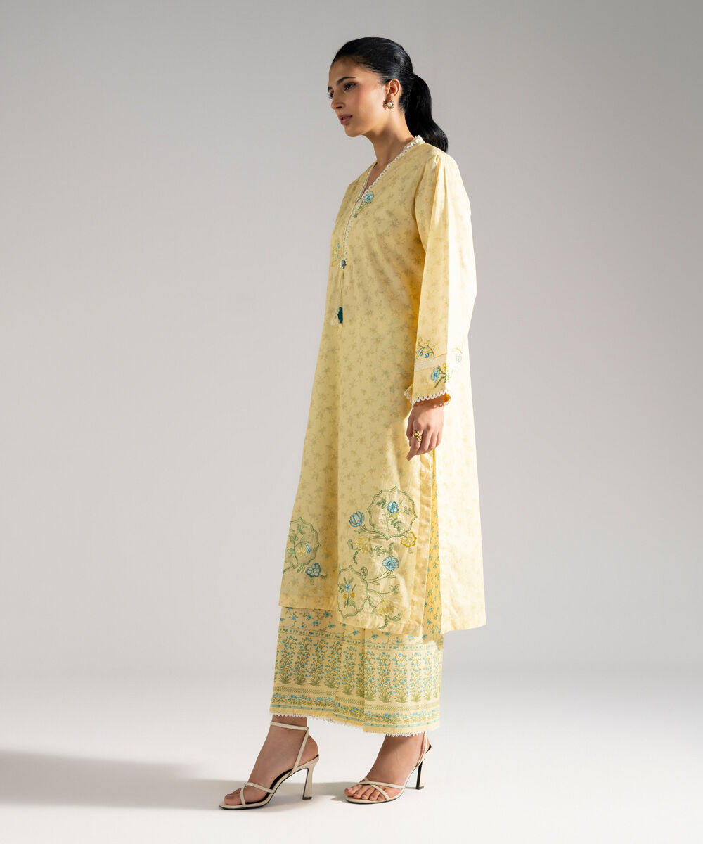 Women's RTW Lawn Embroidered Pale Yellow A-Line Shirt