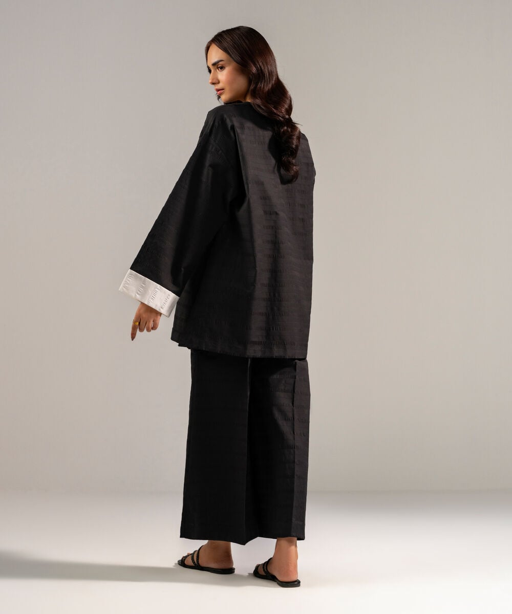 Women's RTW Seersucker Solid Black 2 Piece Suit