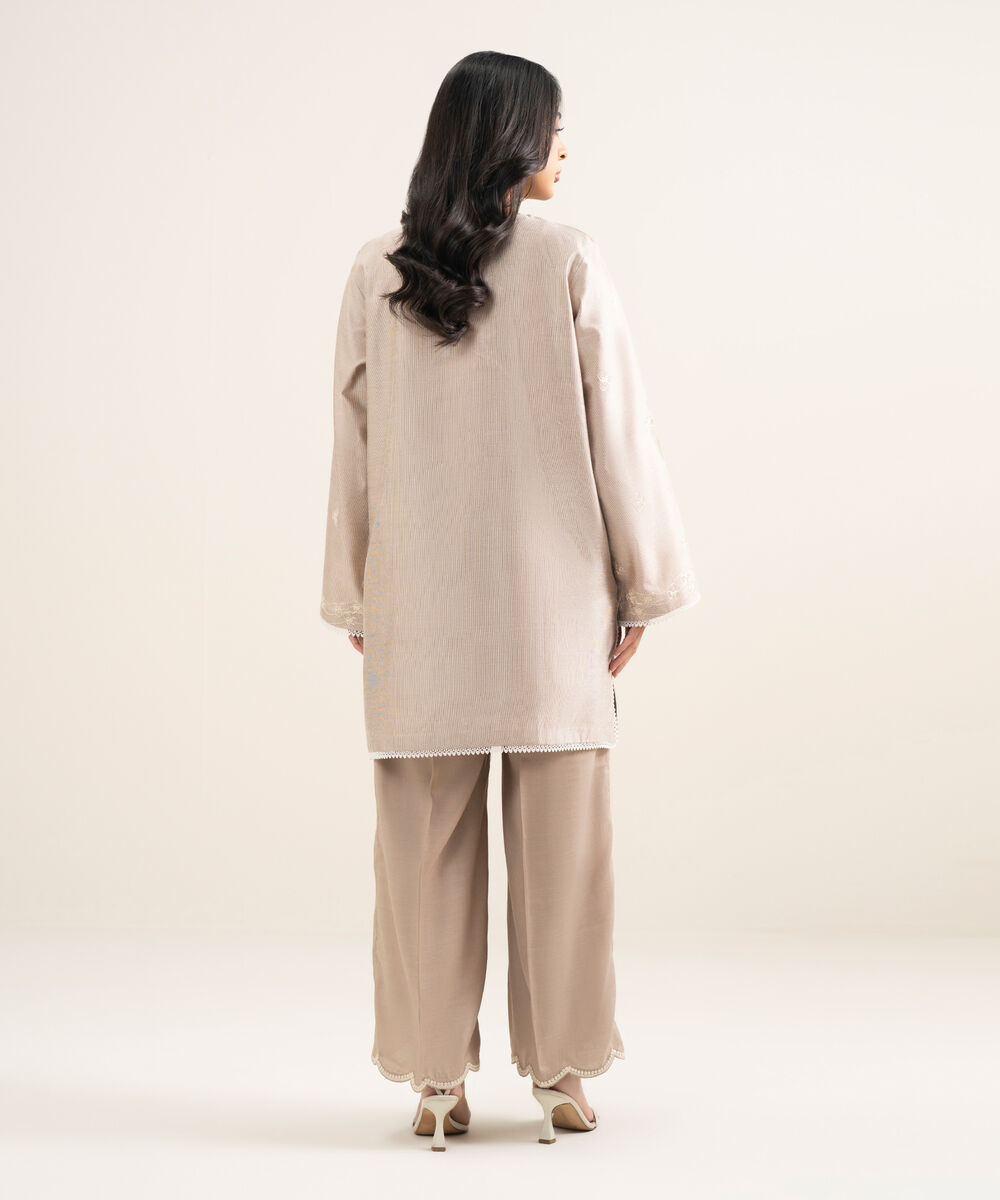 Women's RTW Silk Cotton Net Embroidered Beige 2 Piece Suit