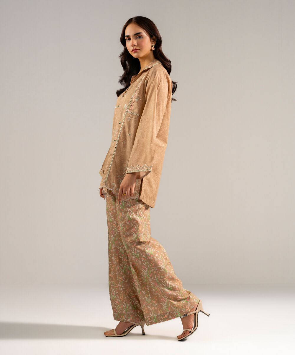 Women's RTW Lawn Embroidered Dark Beige Straight Shirt