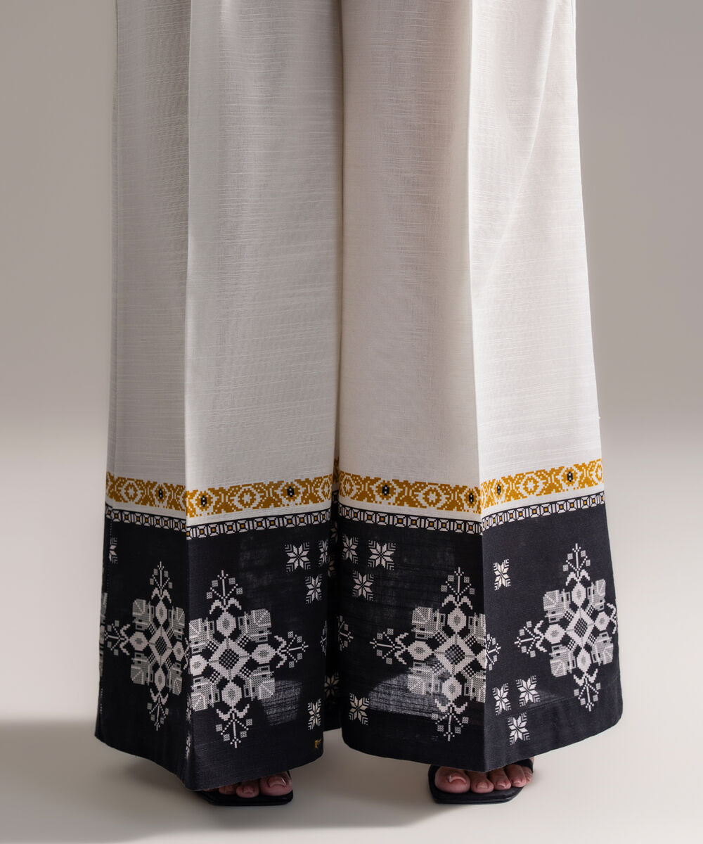 Women's RTW Khaddar Printed Mustard Brown Flared Pants