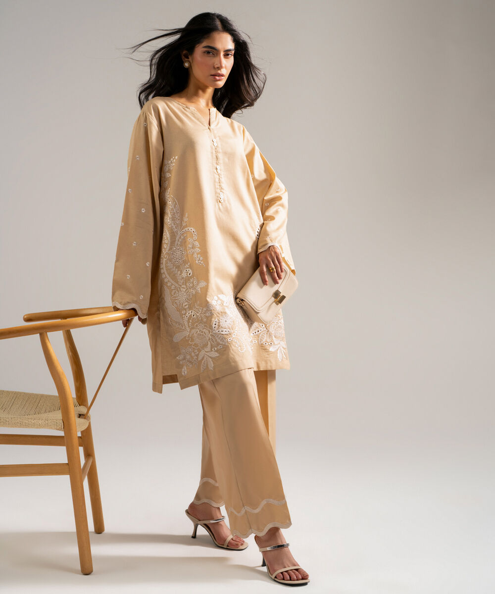 Women's RTW Self Jacquard Embroidered Beige 2 Piece Suit