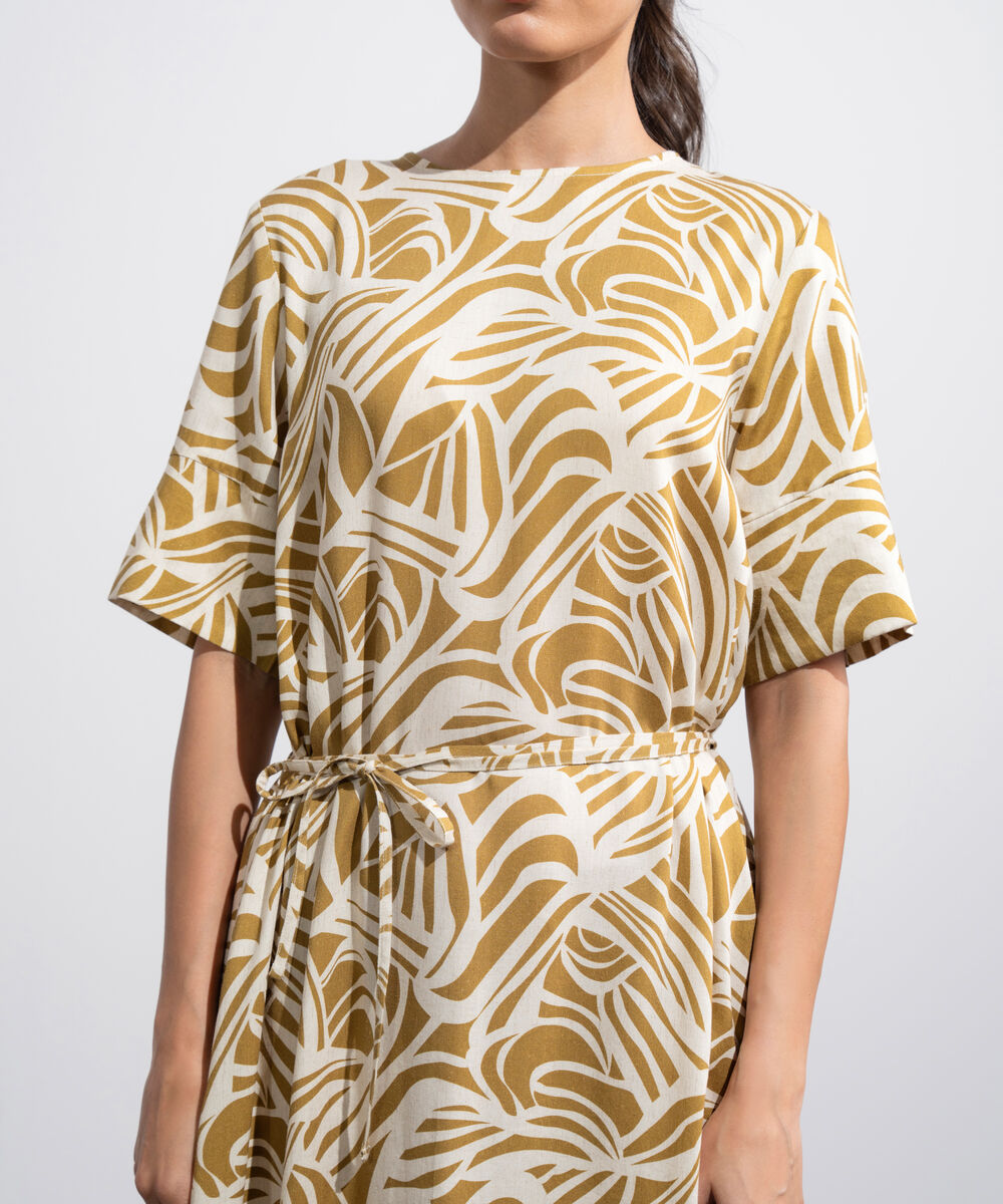Women's Western Off White And  Musturd Linen Blend Printed Dress