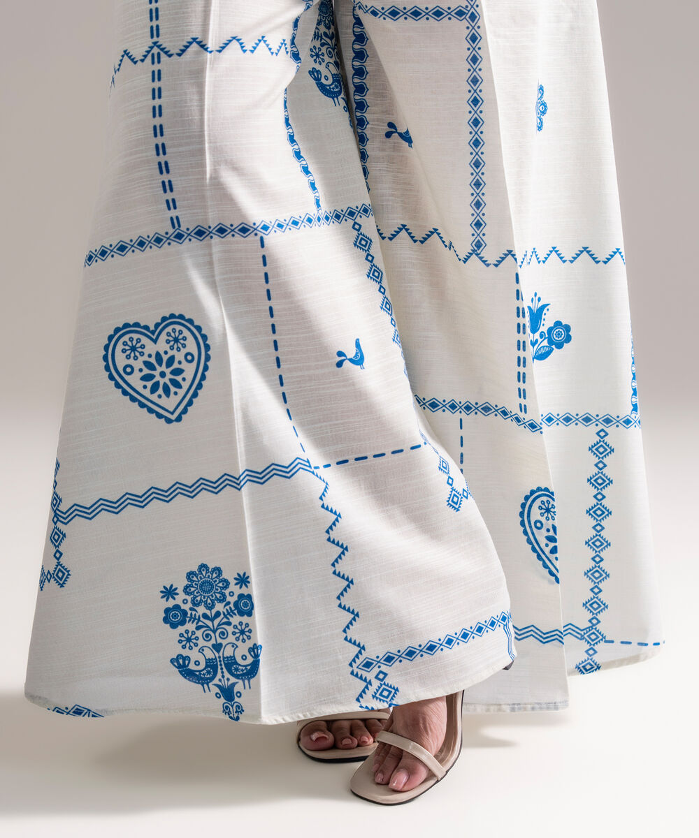 Women's RTW Khaddar Printed White Asymmetrical Pants