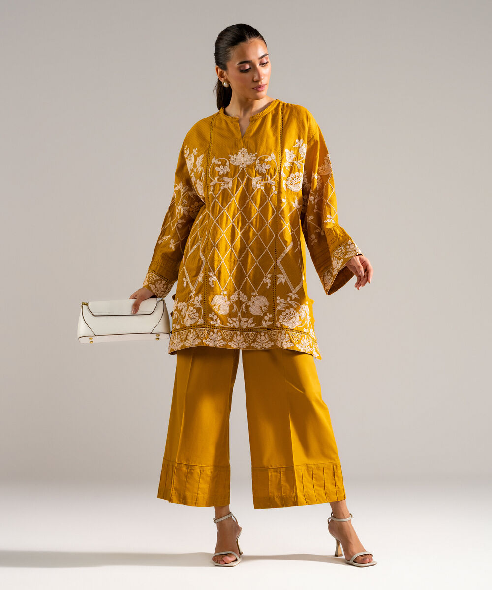 Women's RTW Dobby Embroidered Mustard Yellow 2 Piece Suit