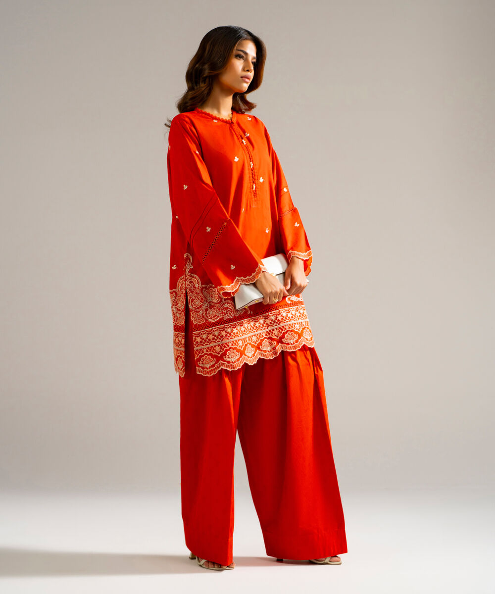 Women's RTW Self Jacquard Embroidered Rust 2 Piece Suit