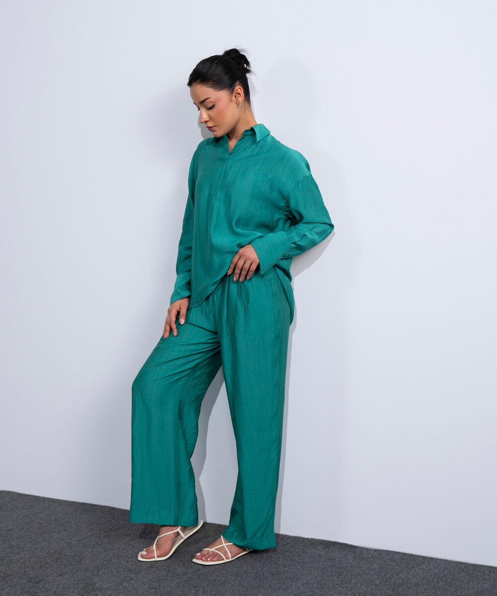 Women's Western Teal Green Textured Pleated Trousers