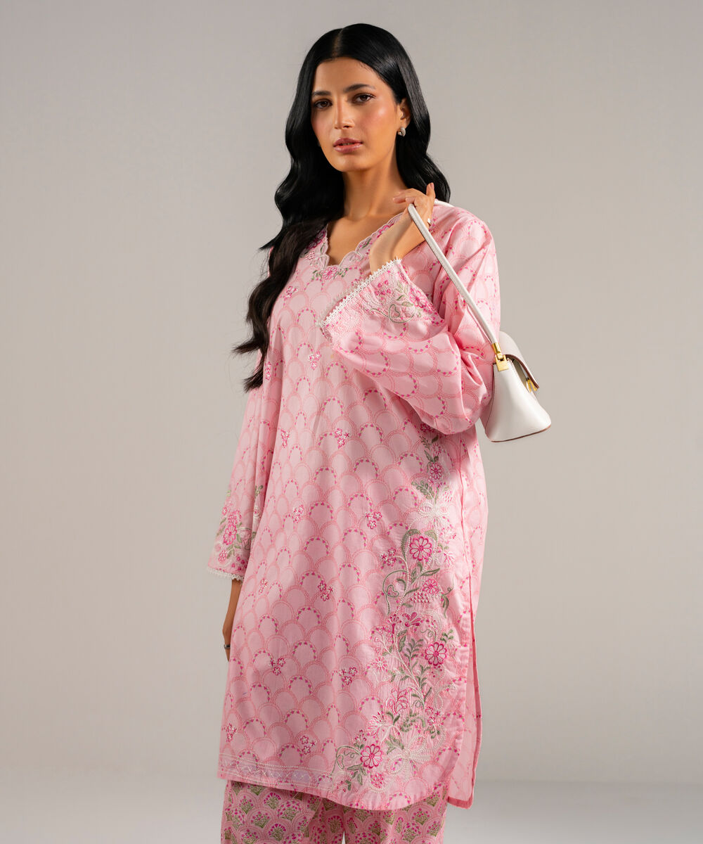 Women's RTW Lawn Embroidered Pink Straight Shirt