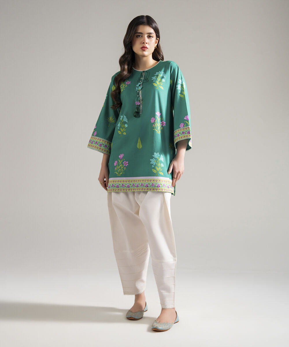 Women's RTW Slub Lawn Printed Green Drop Shoulder Shirt