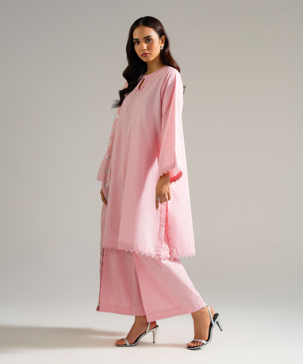 Women's RTW Slub Lawn Solid Pink 3 Piece Suit