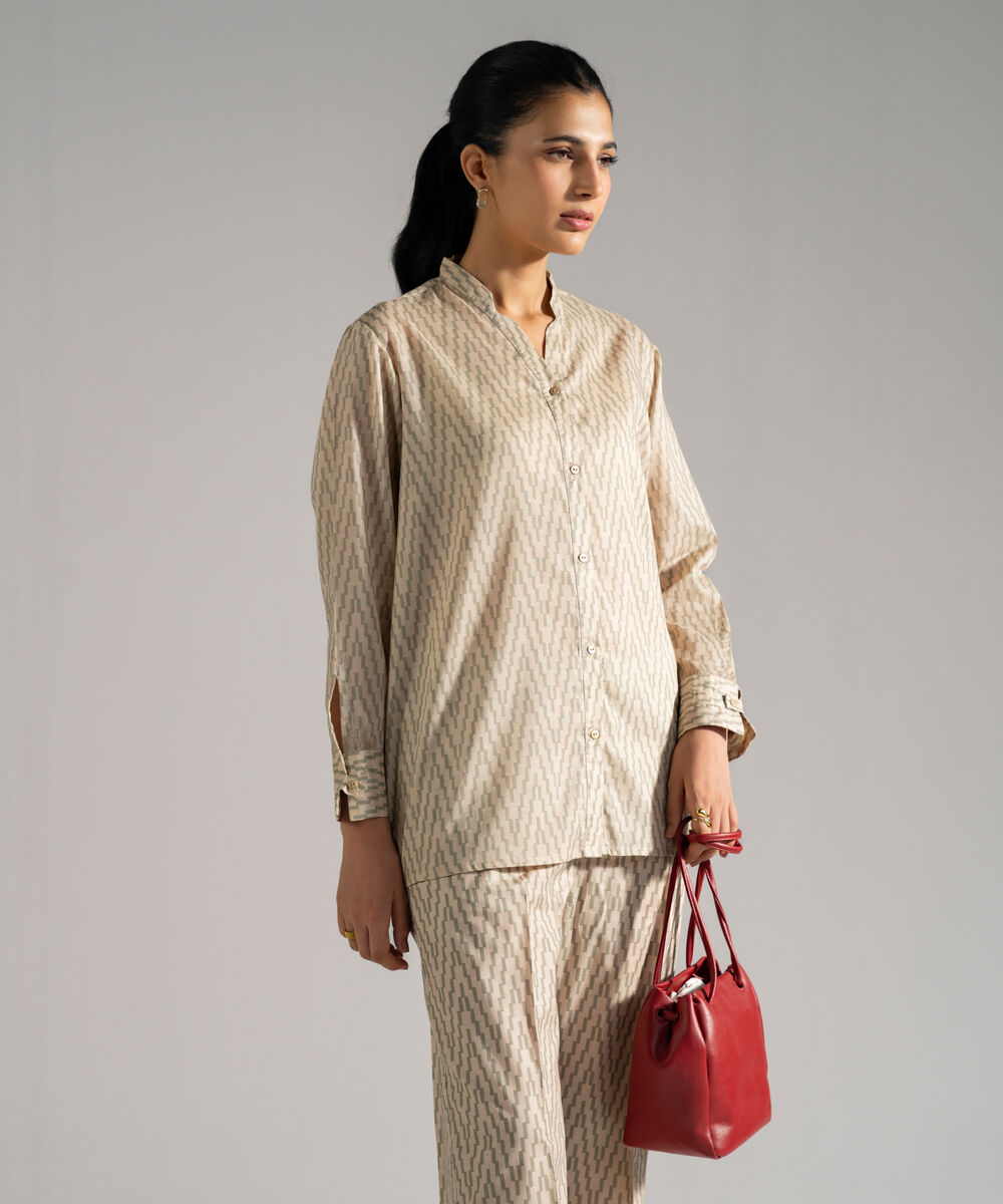 Women's RTW Lawn Printed Beige Straight Shirt