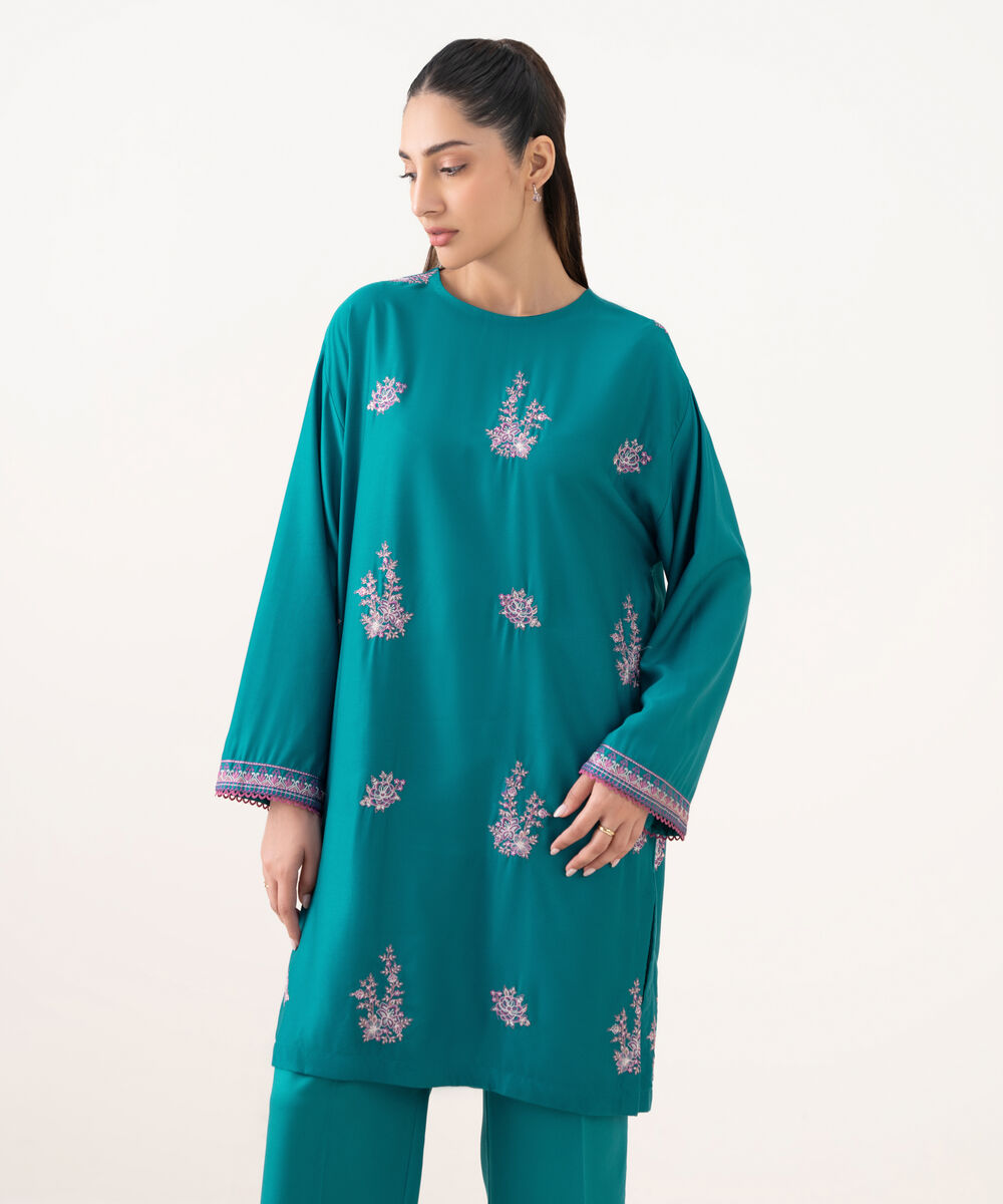 Women's RTW Viscose Marina Blue Dyed Drop Shoulder Shirt
