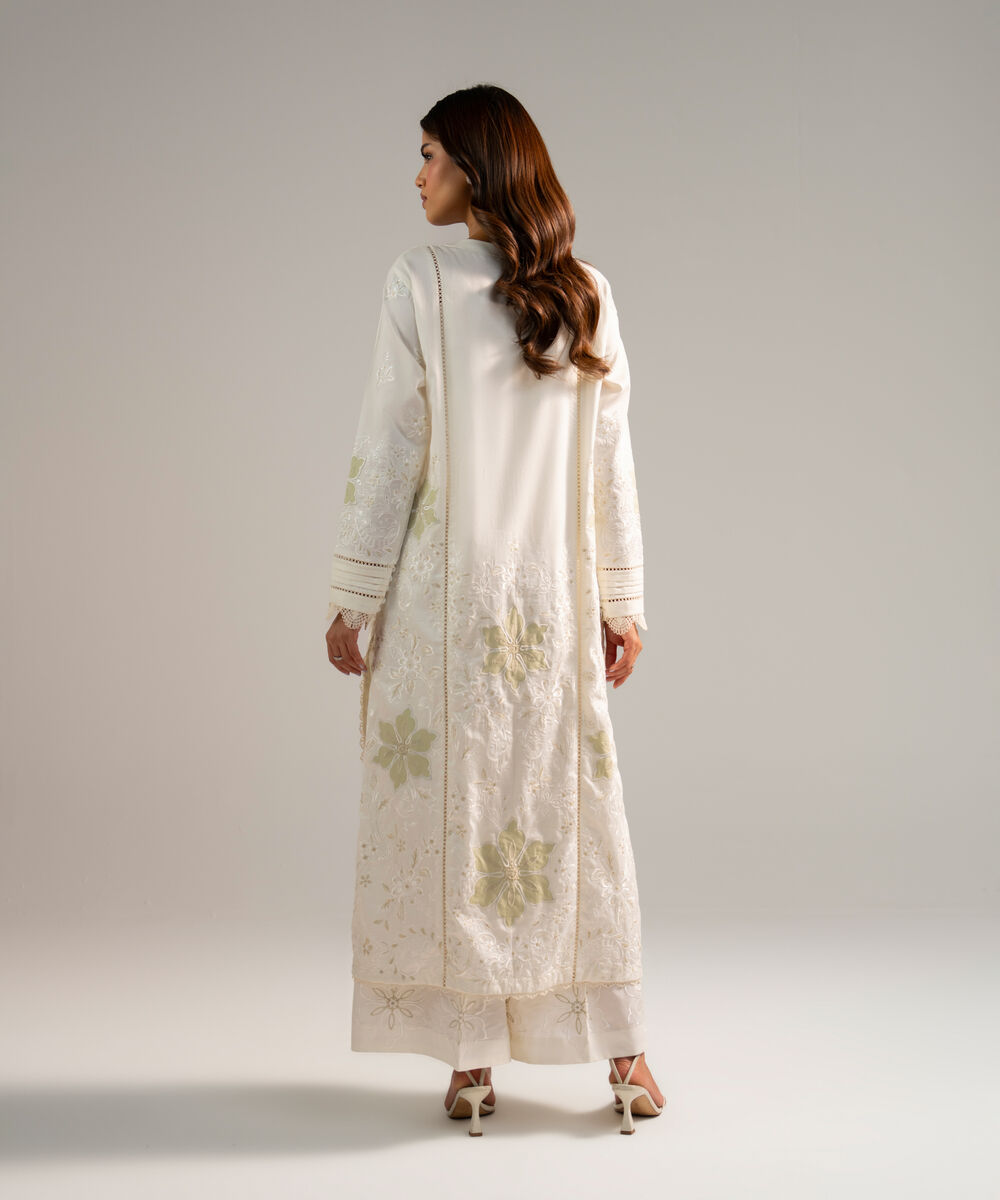 Women's RTW Cotton Satin Embroidered Off White 2 Piece Suit